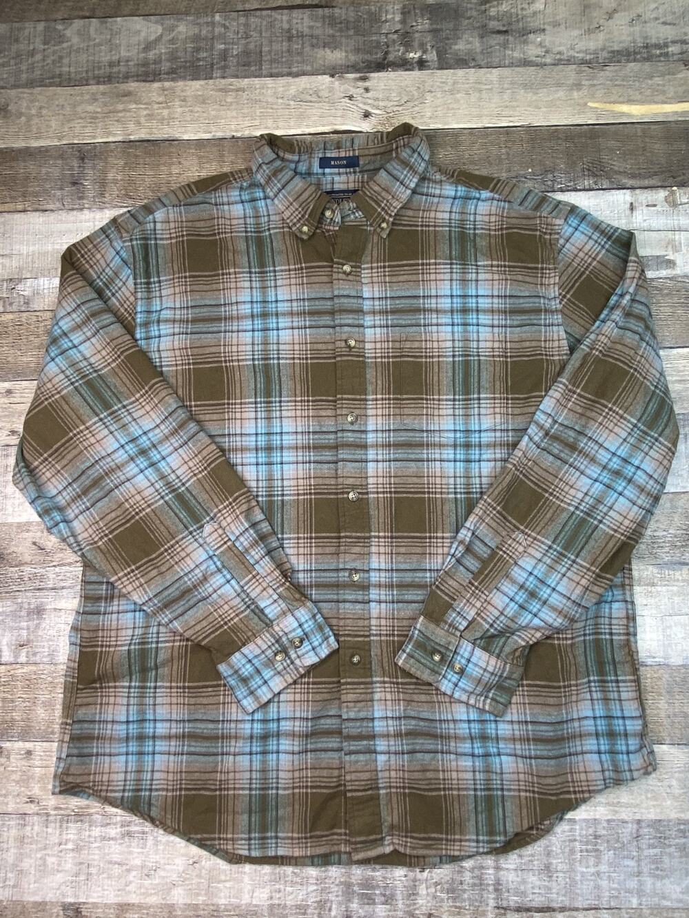 Pendleton Mason Flannel Shirt Men XXL Blue Brown Plaid Button Down 100% Cotton